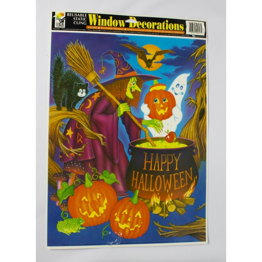 Vintage Halloween Witch Window Cling Made in the USA Cauldron Ghost Pumpkins Cat